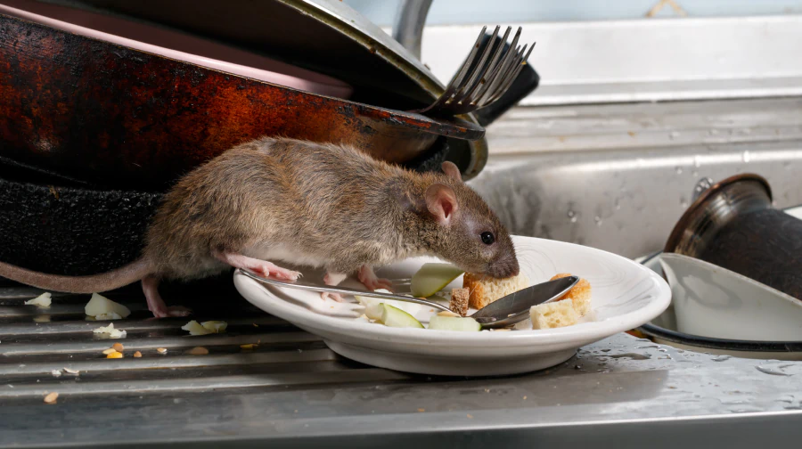 close up shot rat eating leftovers at the kitchen sink